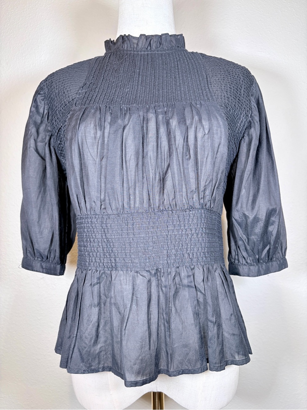 Something Navy Black Pleated Peplum Blouse Size XS